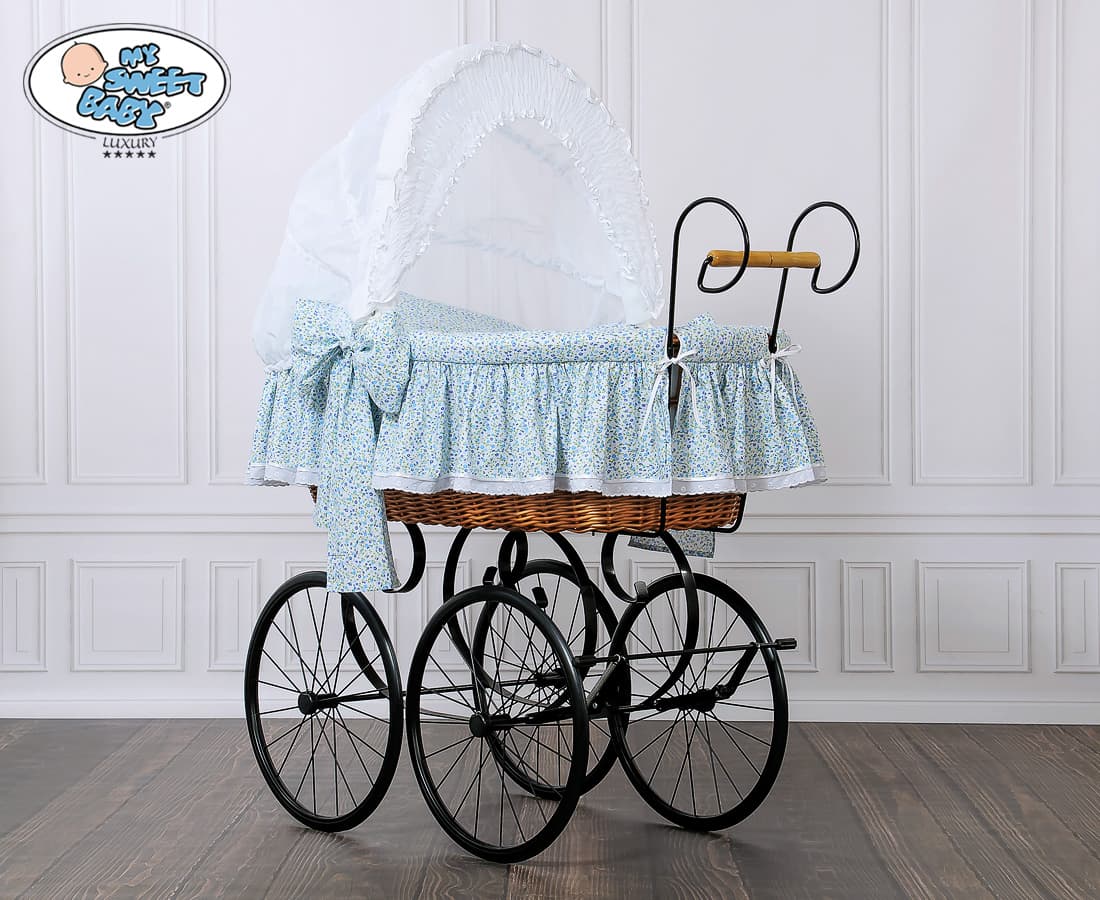 Kosz Mojżesza Retro Jasmine - Naturalny + niebiesko-biała pościel z białą koronką