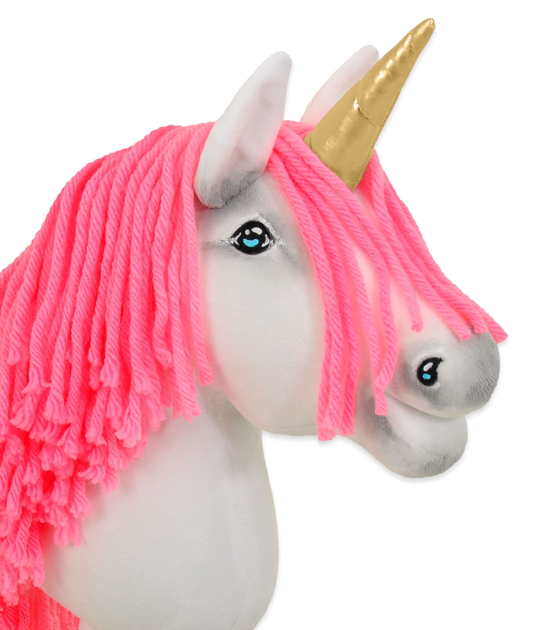 Hobby Horse Jednorożec na kiju mały biały, grzywa neonowy róż i złoty róg