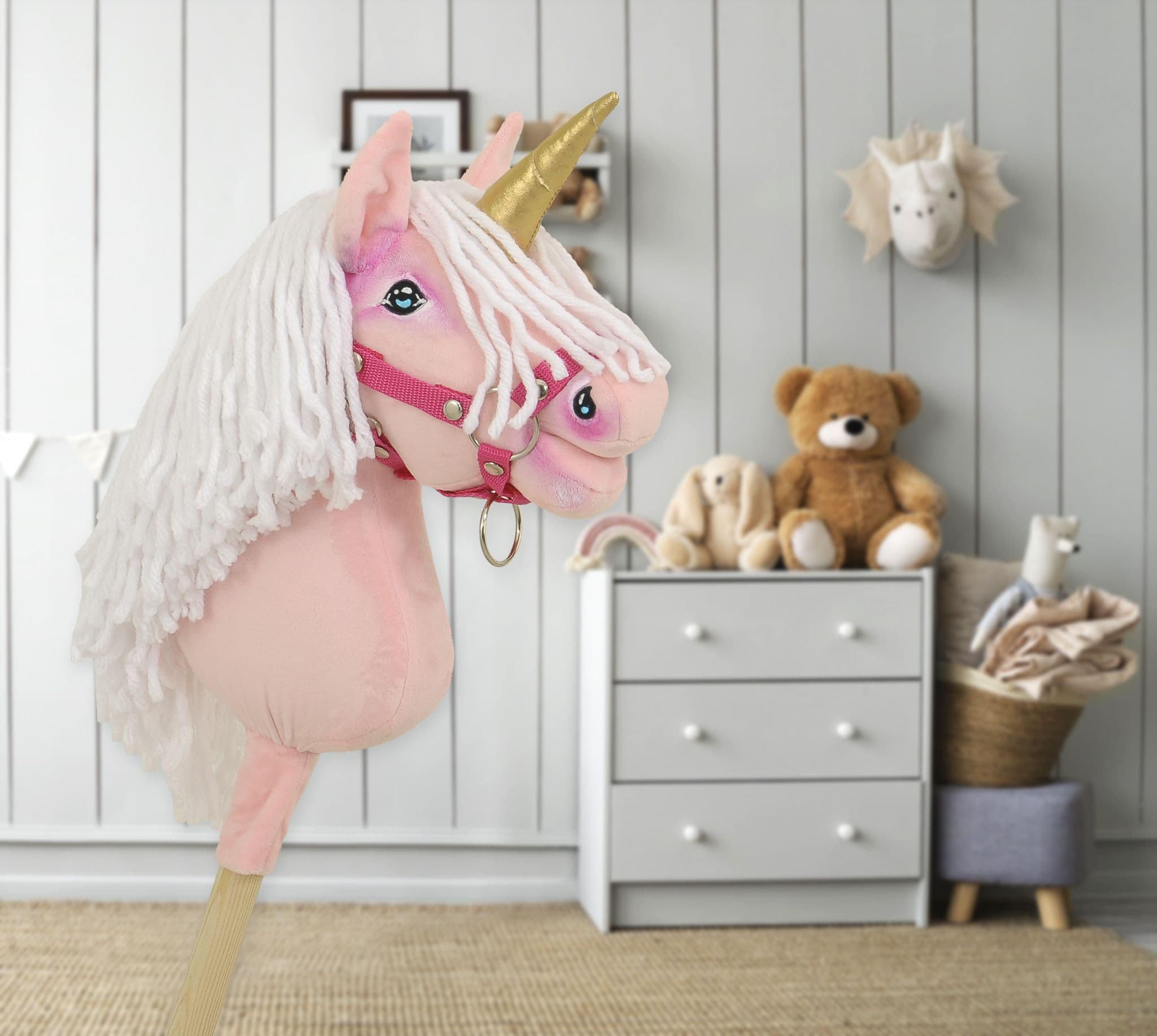 Hobby Horse Jednorożec na kiju mały różowy z białą grzywą i złotym rogiem