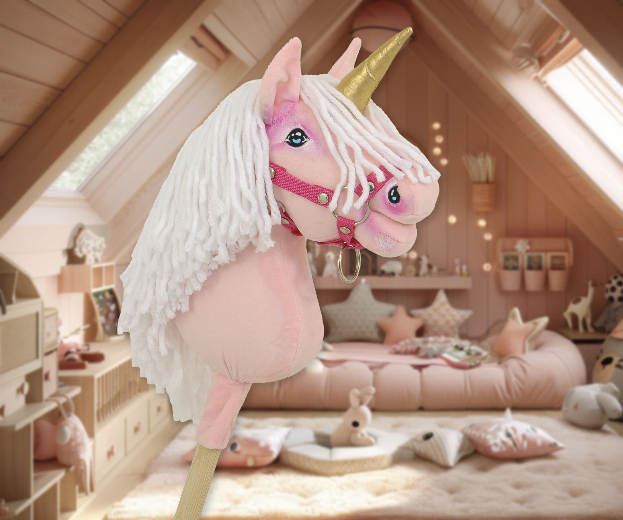 Hobby Horse Jednorożec na kiju mały różowy z białą grzywą i złotym rogiem