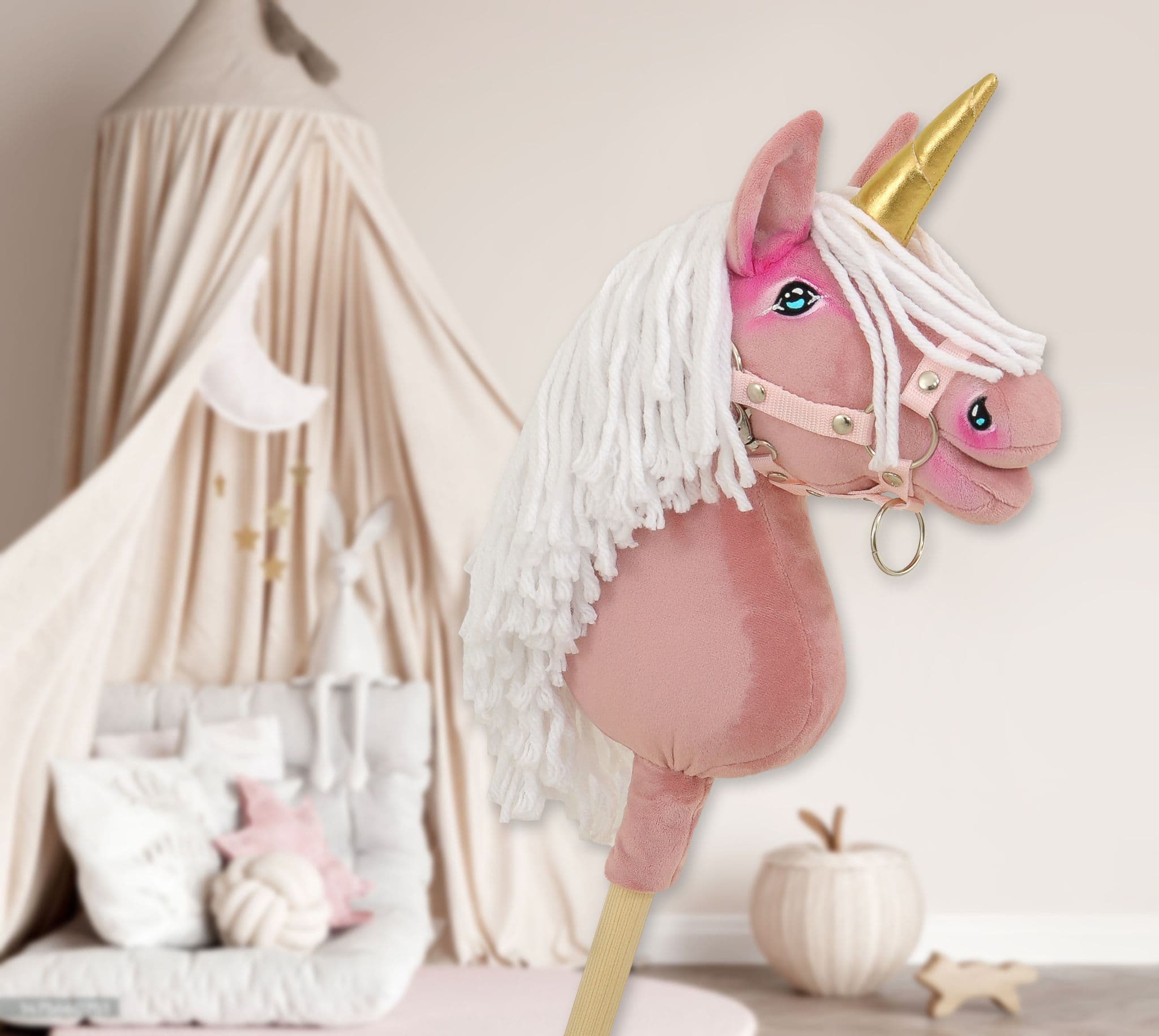 Hobby Horse Jednorożec na kiju mały brudny róż z białą grzywą i złotym rogiem