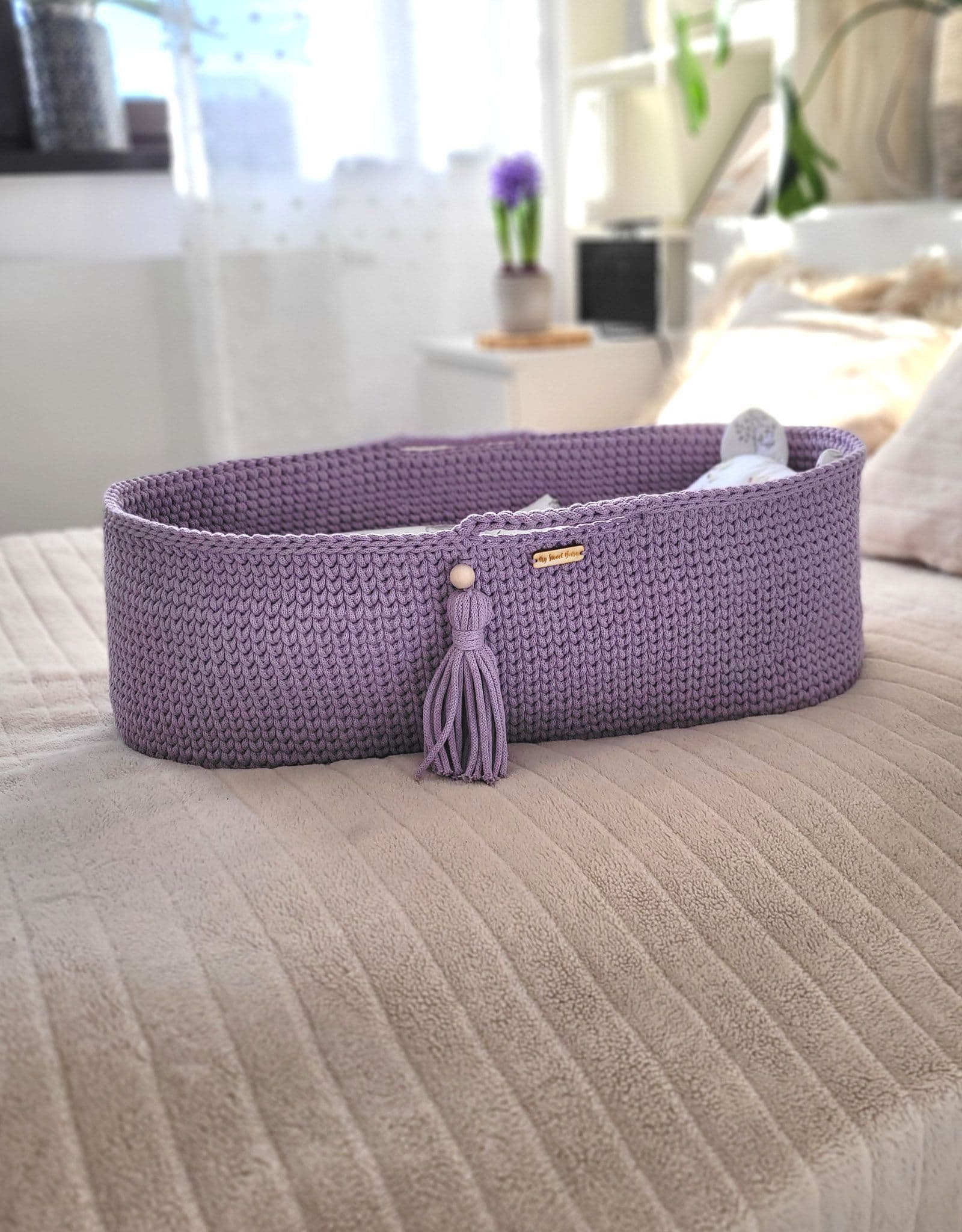 Kosz Mojżesza BOHO bawełniany Handmade z materacykiem - lila