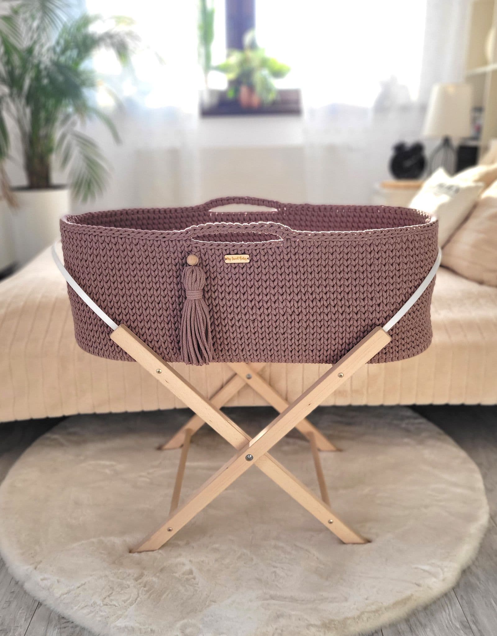 Kosz Mojżesza BOHO bawełniany Handmade z materacykiem - mauve