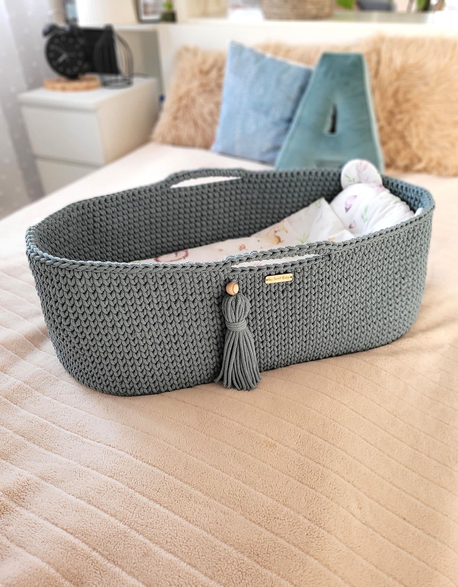 Kosz Mojżesza BOHO bawełniany Handmade z materacykiem - laurel