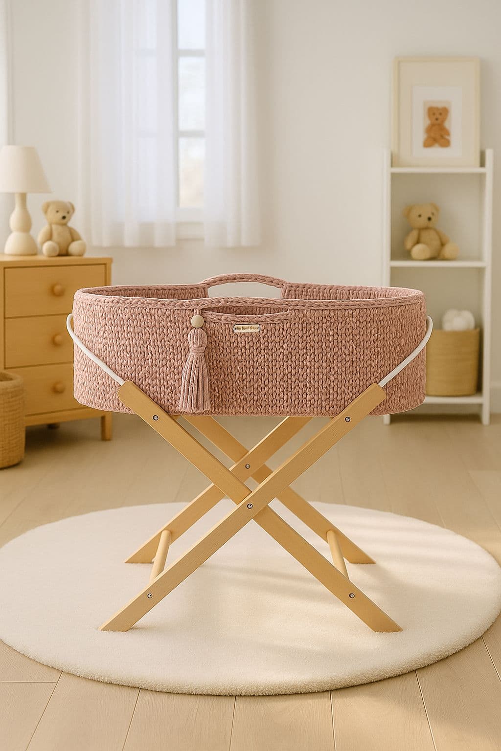 Kosz Mojżesza BOHO Handmade ze stojakiem - pastel pink