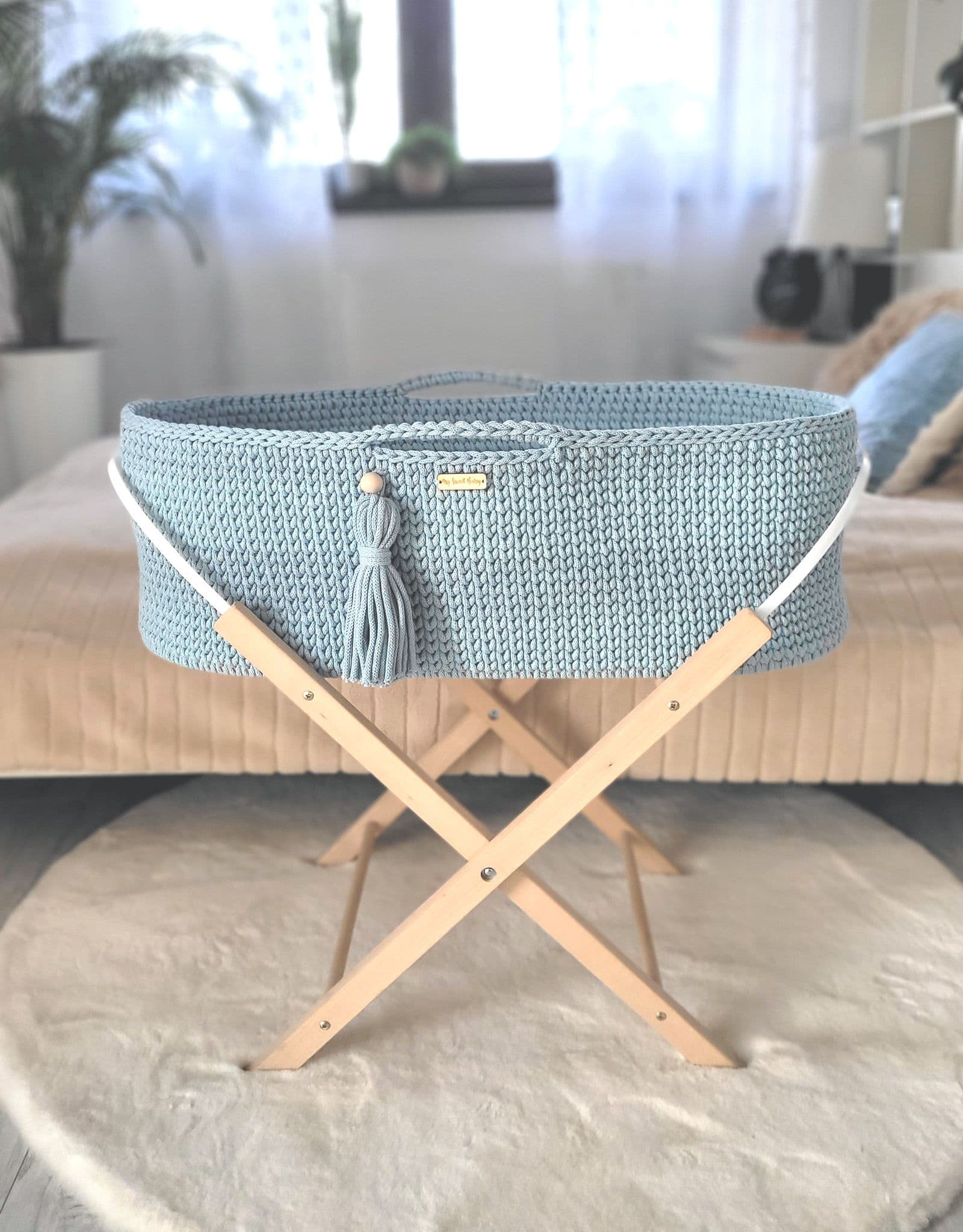 Kosz Mojżesza BOHO bawełniany Handmade z materacykiem - misty blue