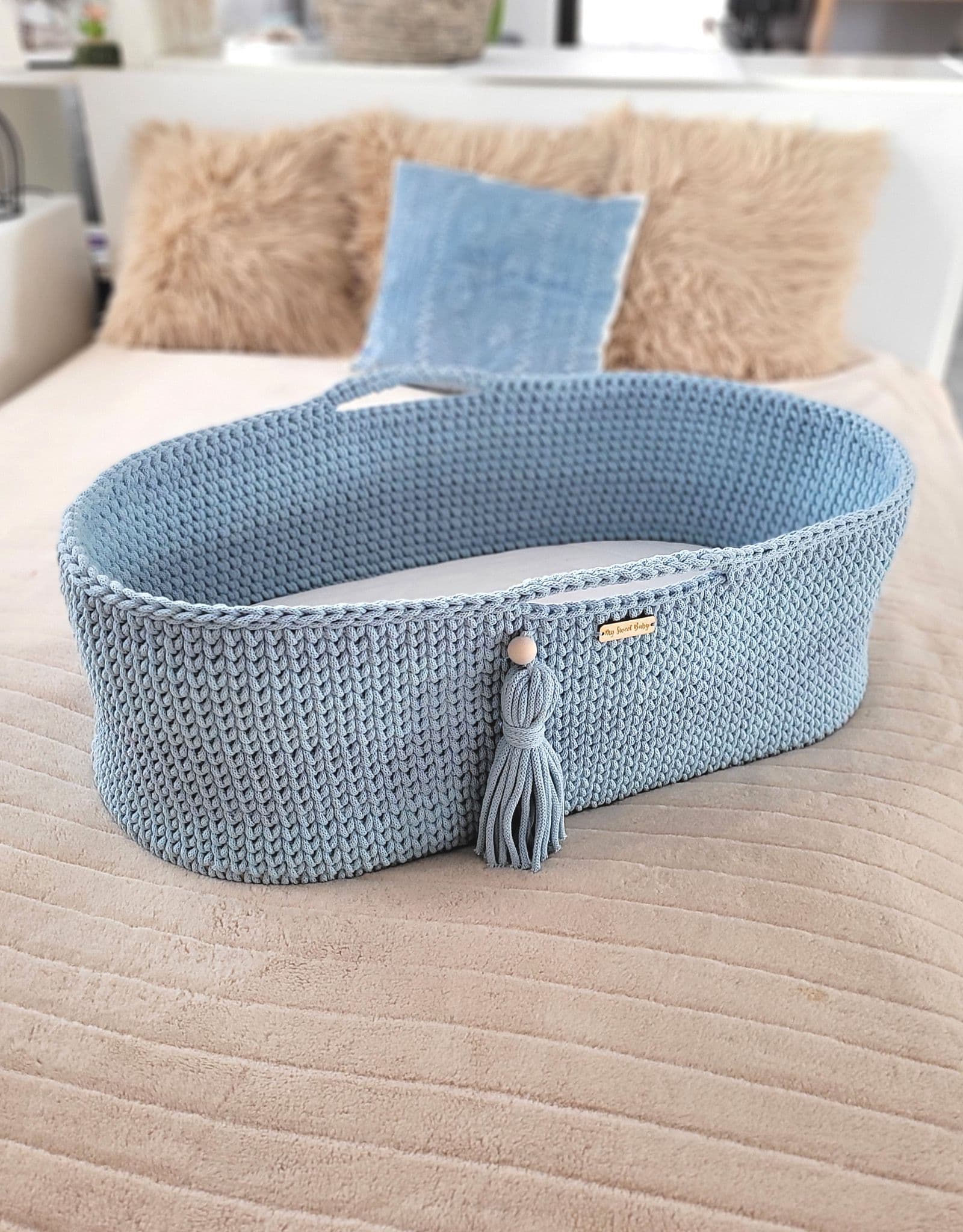 Kosz Mojżesza BOHO bawełniany Handmade z materacykiem - misty blue