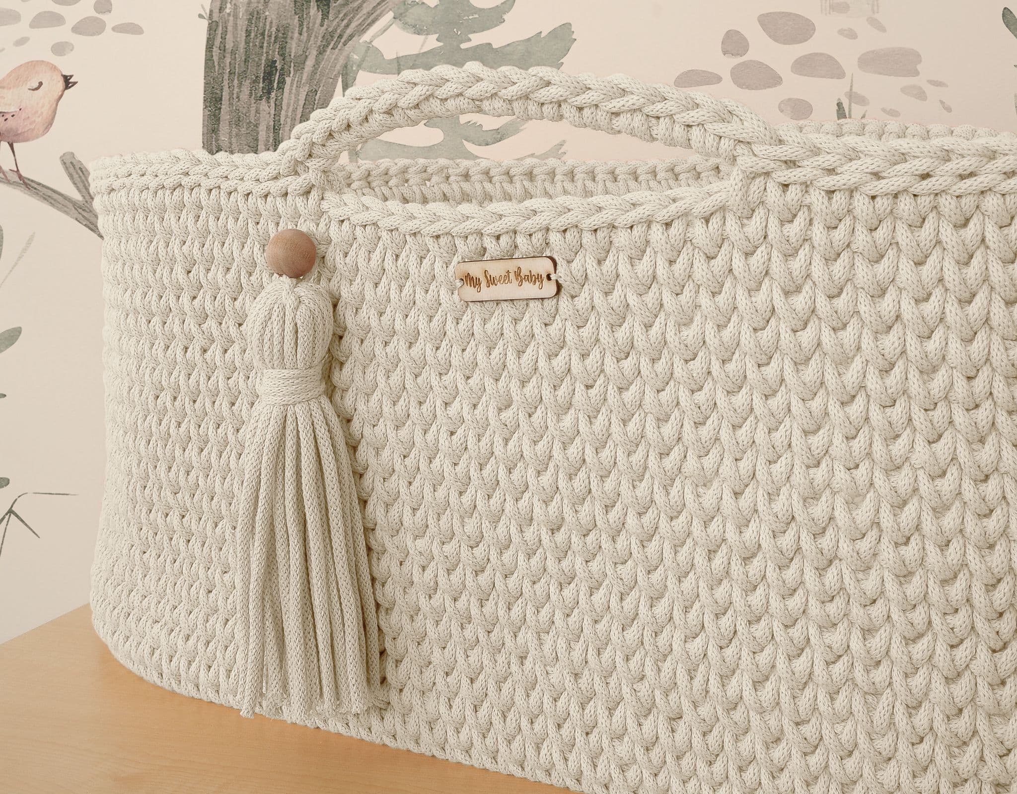 Kosz Mojżesza BOHO bawełniany Handmade z materacykiem - śmietanka