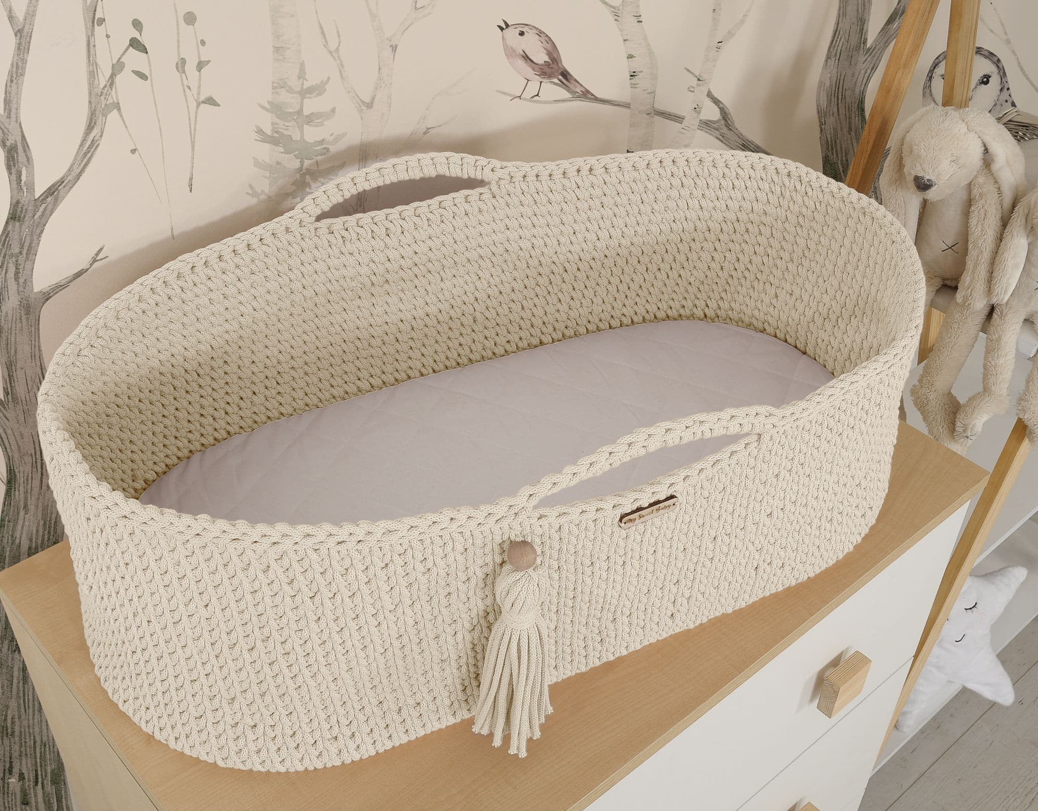 Kosz Mojżesza BOHO bawełniany Handmade z materacykiem - śmietanka