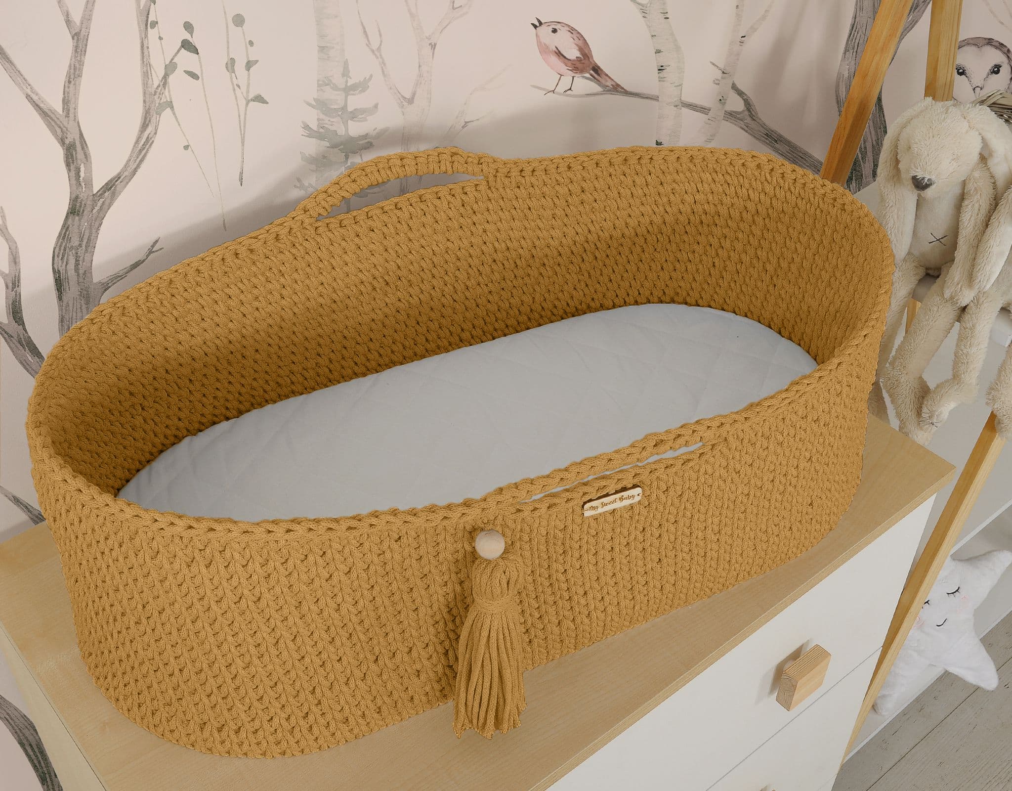 Kosz Mojżesza BOHO Handmade ze stojakiem - musztardowy