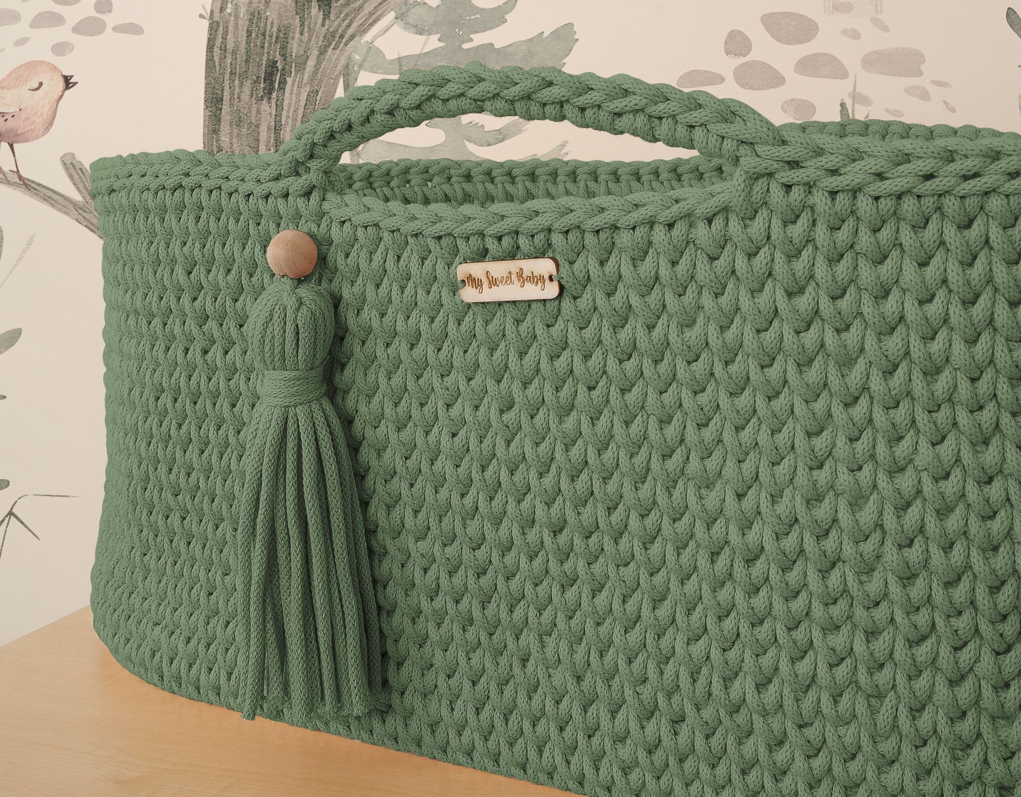 Kosz Mojżesza BOHO bawełniany Handmade z materacykiem - szałwia