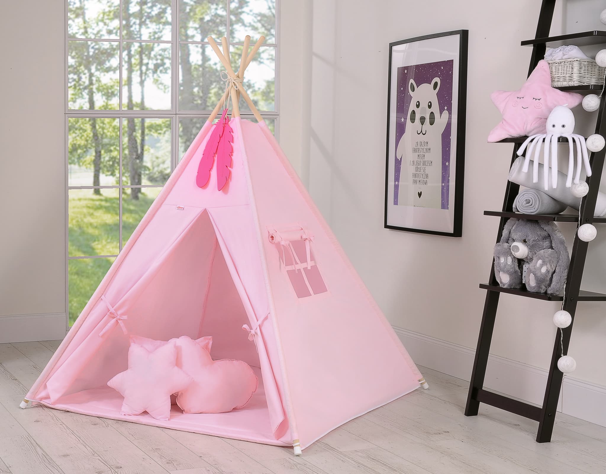Namiot TIPI dla dzieci +mata + zawieszki pióra  - różowy