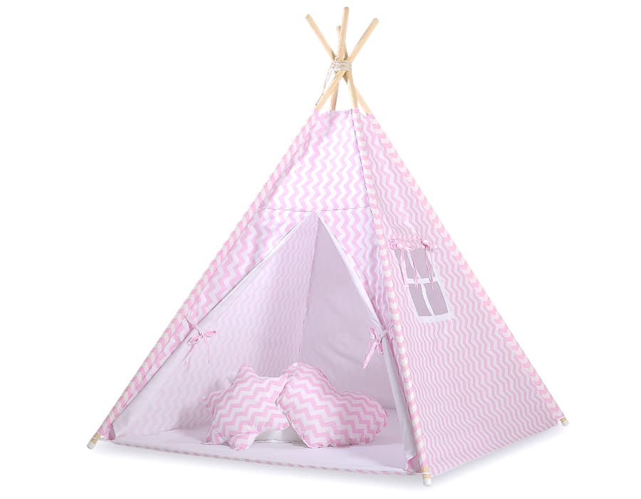 Namiot Tipi dla dzieci+ zawieszki pióra - Chevron różowy