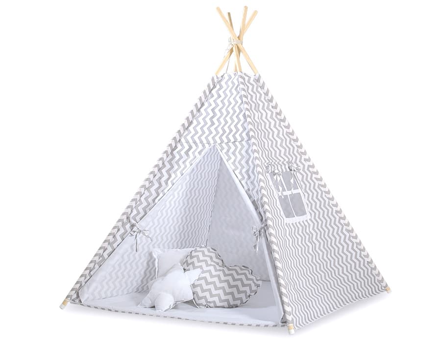 Namiot TIPI dla dzieci +mata + zawieszki pióra -  Chevron szary
