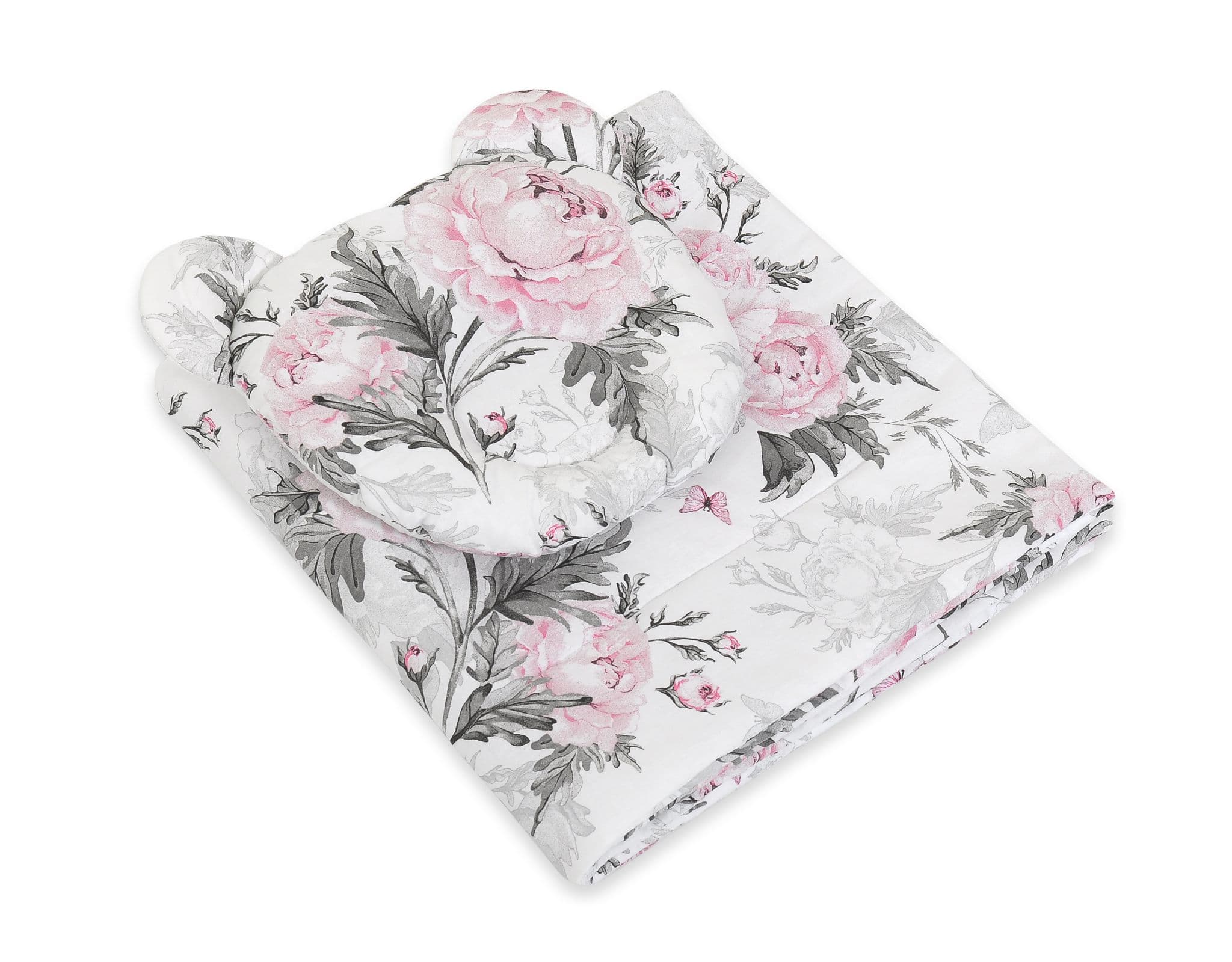 Kołderka z wypełnieniem i poduszka profilowana Miś - zestaw 2cz. - Romantic peonies