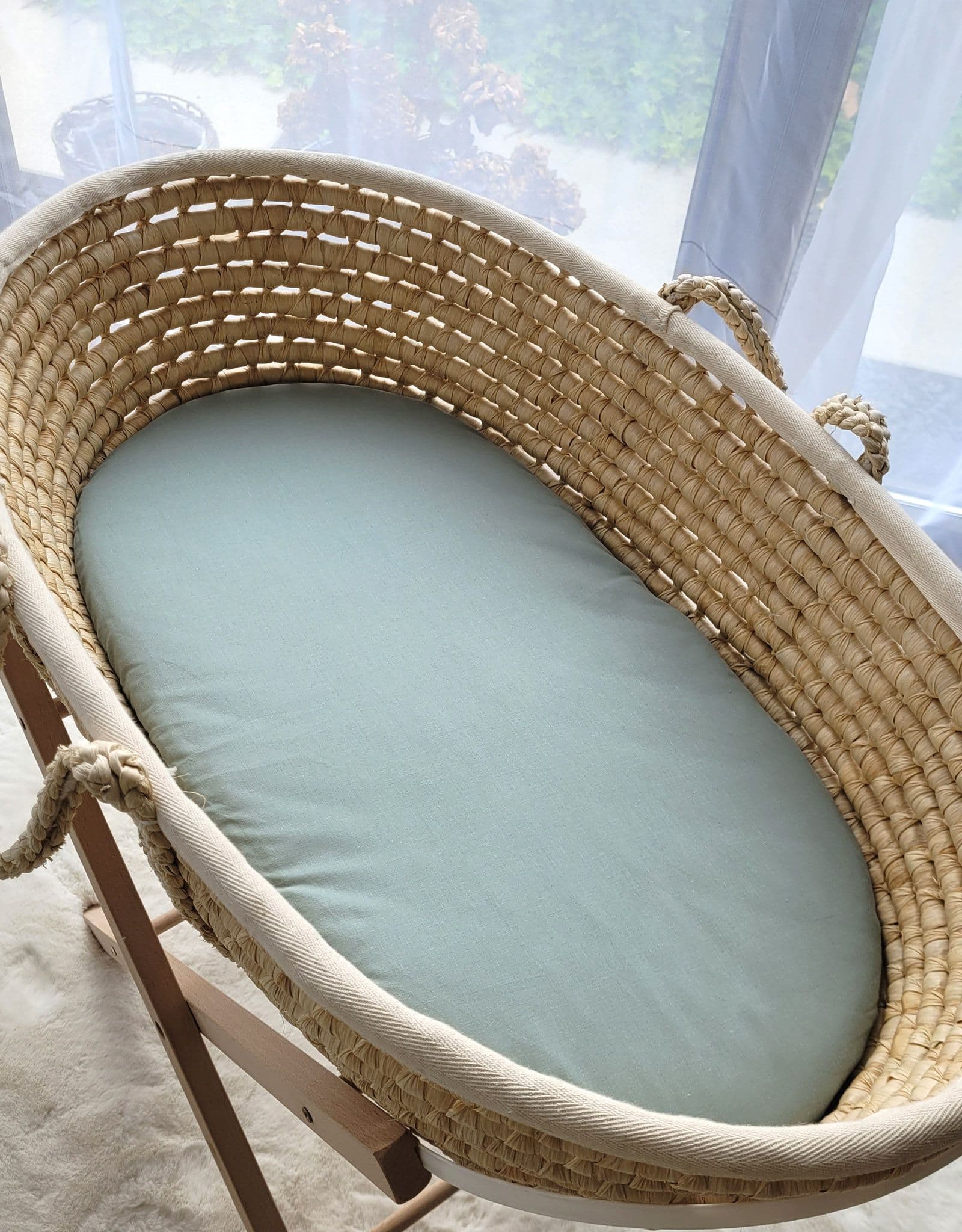 Prześcieradło bawełniane do kosza Mojżesza Boho wózka gondoli 75x35 cm - szałwia